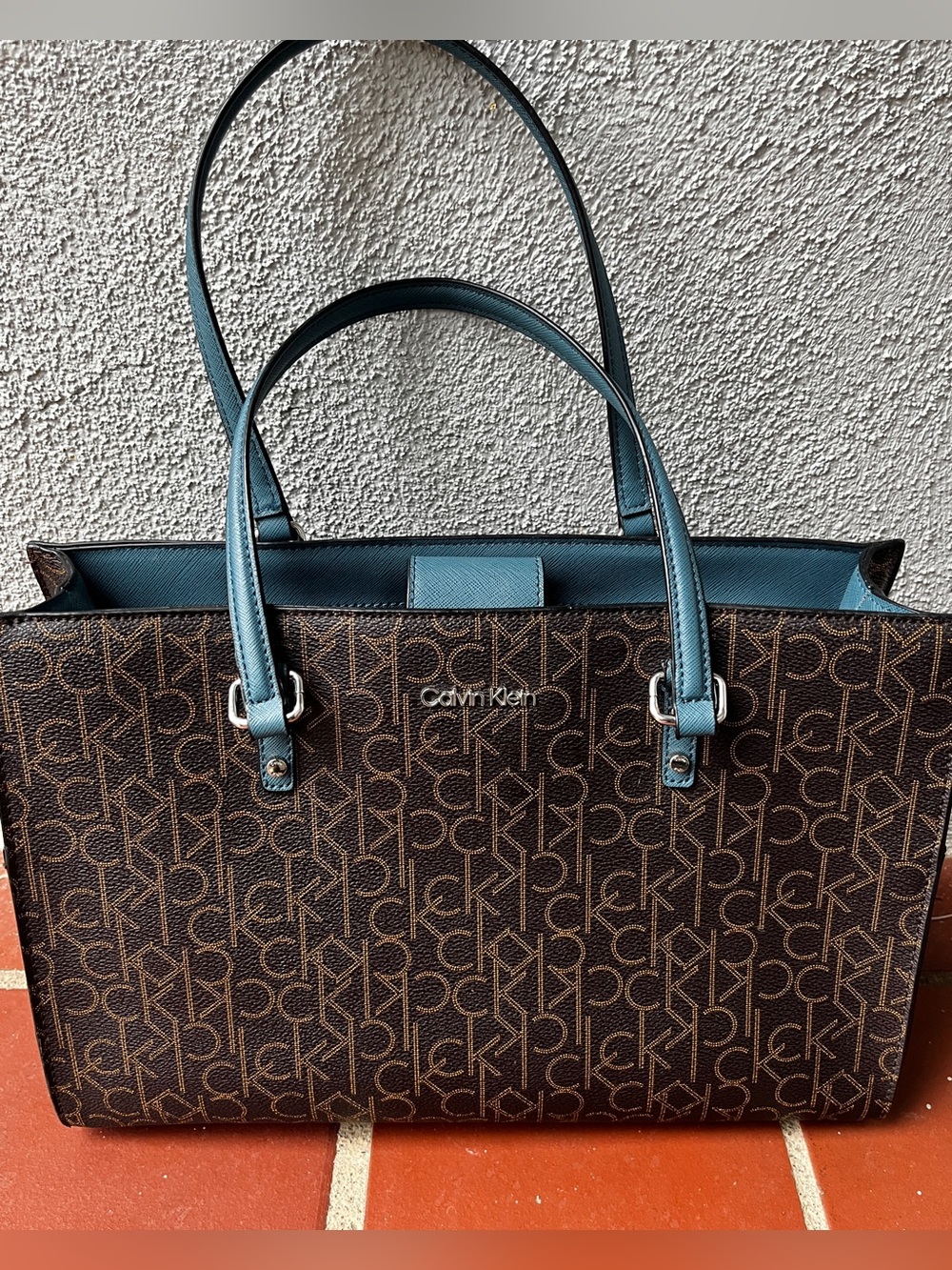Calvin Klein Brown Monogram & Teal Trim Tote Bag